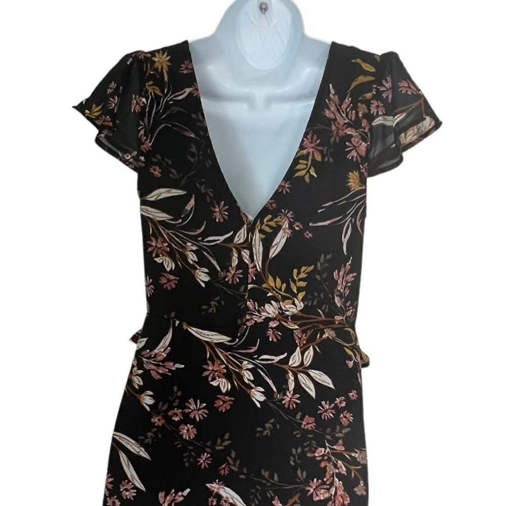 Japna Black Floral Midi Boho Cottagecore Flutter Sleeve Romantic Flowy Dress S - Picture 6 of 11